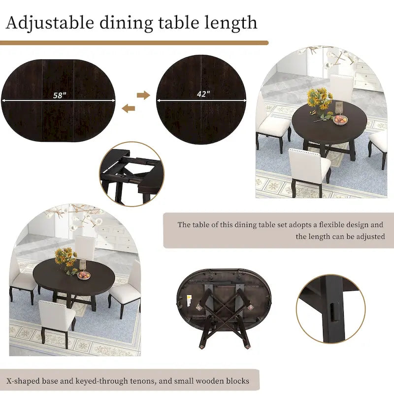 Table de salle à manger ronde extensible de style champêtre avec rallonge de 16 po, table de cuisine en bois
