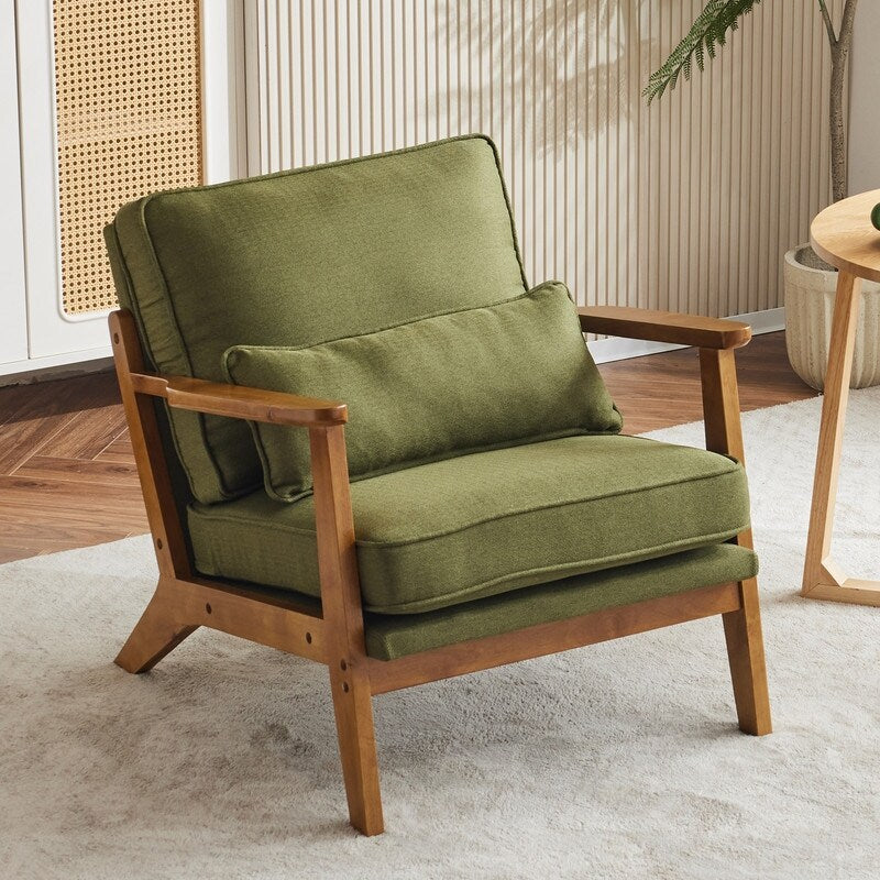 Polster-Sessel aus Leinenmischgewebe mit Holzbeinen und einem Kissen, Beige