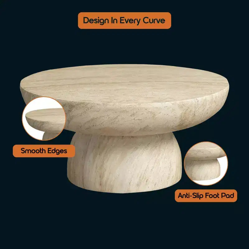 Table basse ronde à piédestal en fiberstone, table d’appoint sculptée pour intérieur et extérieur avec patins antidérapants