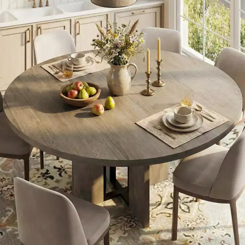Table à manger ronde extensible de 47 à 63 po pour 4 à 8 personnes, table de cuisine extensible en bois de style champêtre avec structure en métal, table ovale gain de place pour appartement, gris rétro
