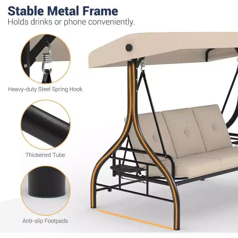 Balançoire d’extérieur convertible 2-en-1 pour 3 personnes avec auvent réglable, lit balançoire de terrasse avec support, coussins épais et porte-gobelets, pour jardin, cour et porche