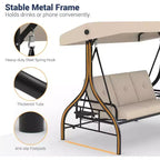 Balançoire d’extérieur convertible 2-en-1 pour 3 personnes avec auvent réglable, lit balançoire de terrasse avec support, coussins épais et porte-gobelets, pour jardin, cour et porche