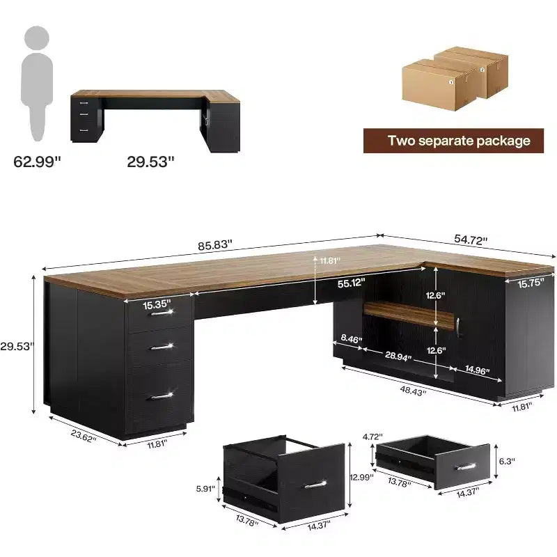 Grand bureau de direction en L Lantine 85.8, bureau d’ordinateur extra-large avec tiroirs pour dossiers, pour bureau à domicile