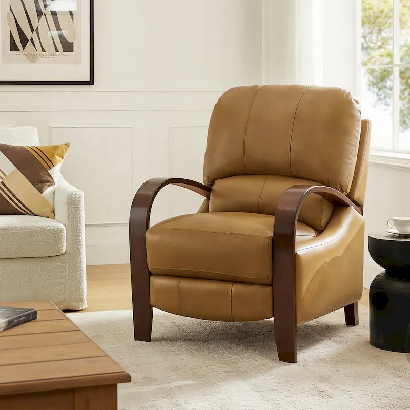 Alex moderner Relaxsessel im Mid-Century-Stil aus echtem Zigarrenleder mit manueller Verstellung und geschwungenen Holzarmlehnen