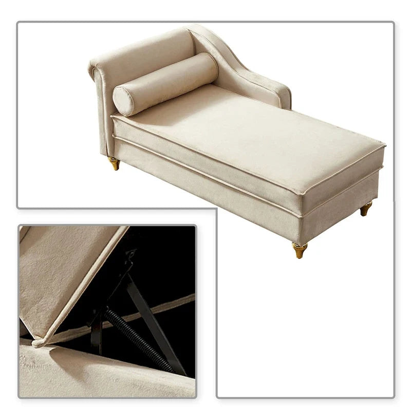 Fauteuil méridienne élégant français en velours avec revêtement rembourré et rangement, avec coussin