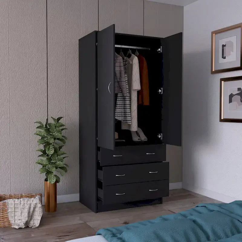 Moderner zweitüriger Kleiderschrank mit 3 Schubladen und 1 Kleiderstange fürs Schlafzimmer