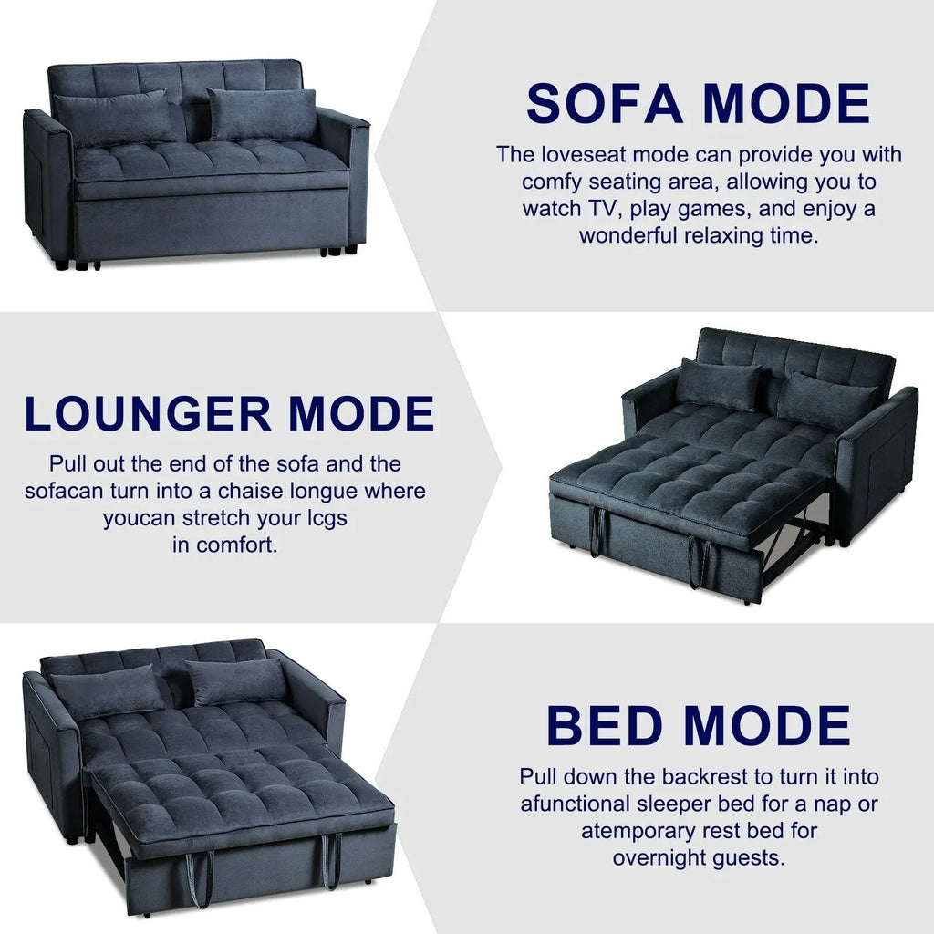 Modernes ausziehbares Schlafsofa, 3-in-1-Schlafsofa mit verstellbarer Rückenlehne, Samt-Loveseat, Kissen und Seitentaschen