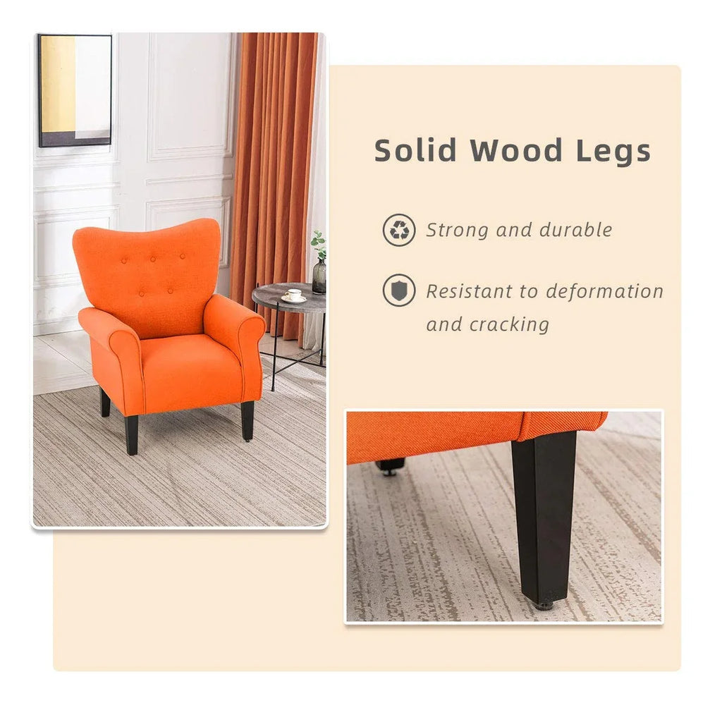 Erommy moderne accentstoel, fauteuil met hoge rugleuning, gestoffeerde stoffen fauteuil met knopen en houten poten voor de woonkamer