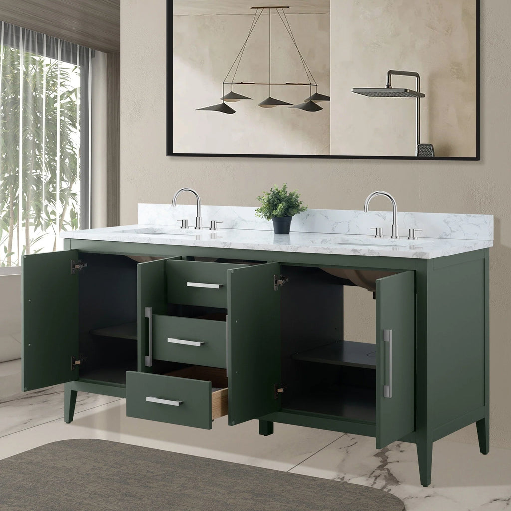 Vanity Art 72 badkamermeubel met dubbele wastafel en blad van composietmarmer