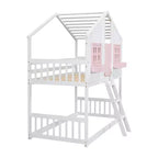 Twin Size House-Shaped Loft Bed, Wood Playhouse Loft Bed with Ladder & Guardrails for Kids