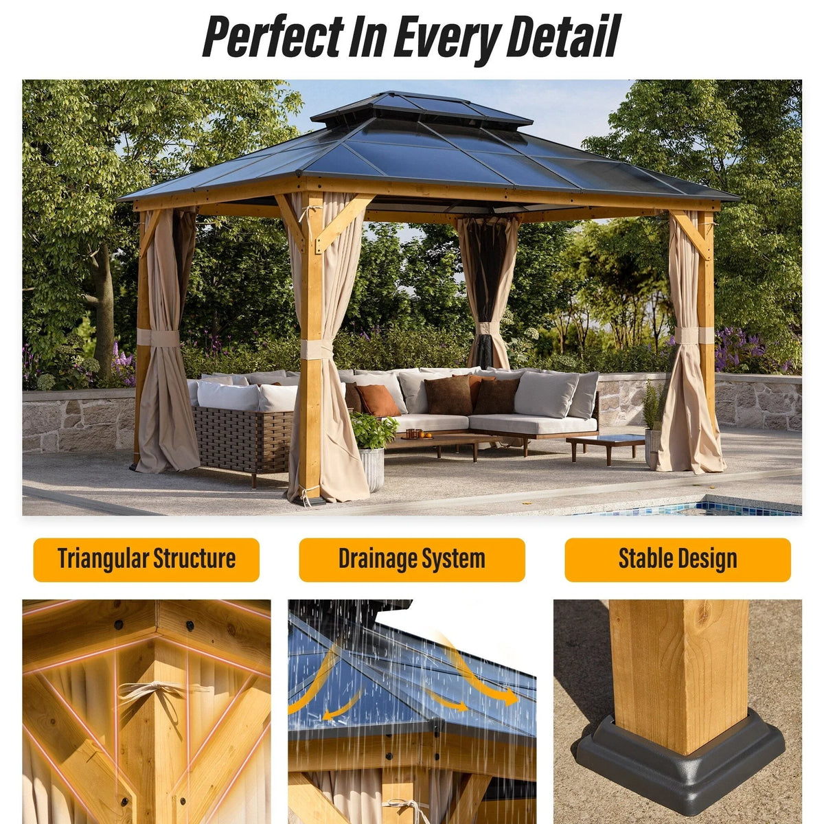 EROMMY Pavillon mit festem Dach, Outdoor-Pergola mit Doppeldach, Netzvorhängen und Vorhängen, robustes Vordach für Terrasse, Garten und Poolpartys