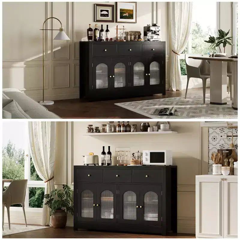 Opbergkast van 55 inch, smal buffet- en dressoirkast met 3 laden en 4 deuren voor keuken, eetkamer en woonkamer