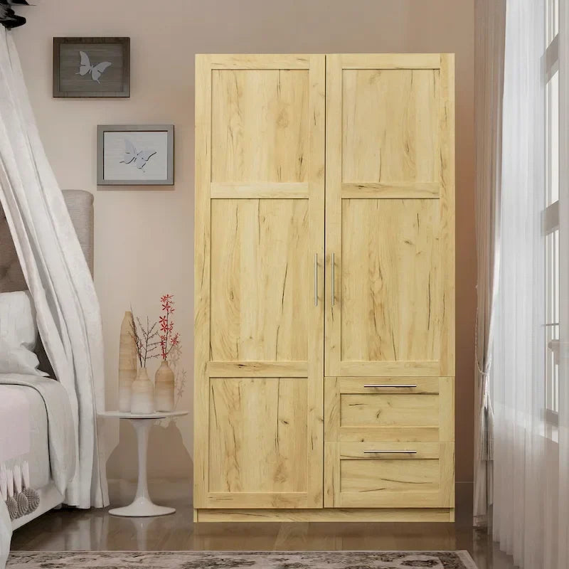 Armoire-penderie en bois blanc avec portes, tiroirs et tringle
