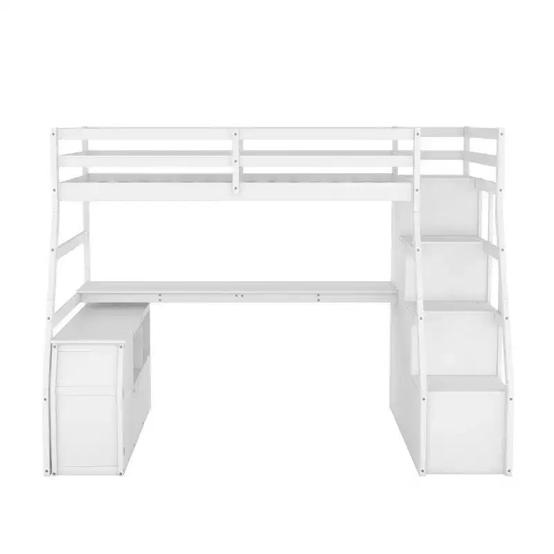 Hochbett in Einzelbettgröße mit 7 Schubladen, 2 Regalen, Schrank und Schreibtisch für Kinder und Jugendliche