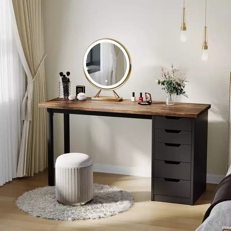 47 Inch Computer Desk with 5 Storage Drawers, Reversible Modern Rustic Study Writing Table, Home Office Workstation for Small Spaces