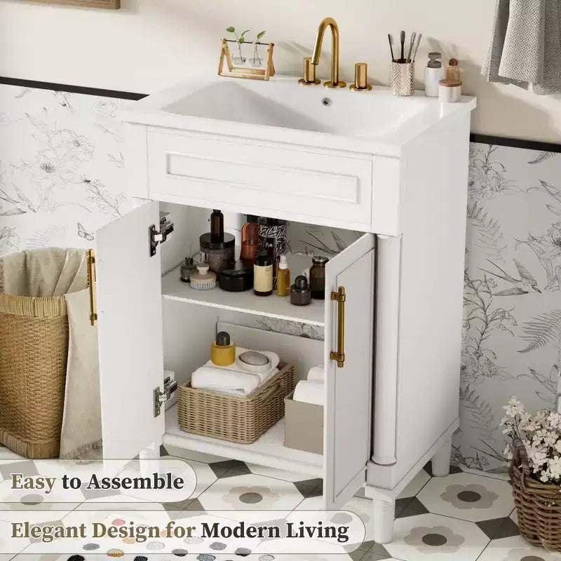 24-Zoll-Badezimmerunterschrank mit Keramikwaschbecken, Shaker-Schrank, 2 Türen mit Soft-Close-Funktion und Rahmen aus Massivholz für kleine Badezimmer oder Gäste-WCs