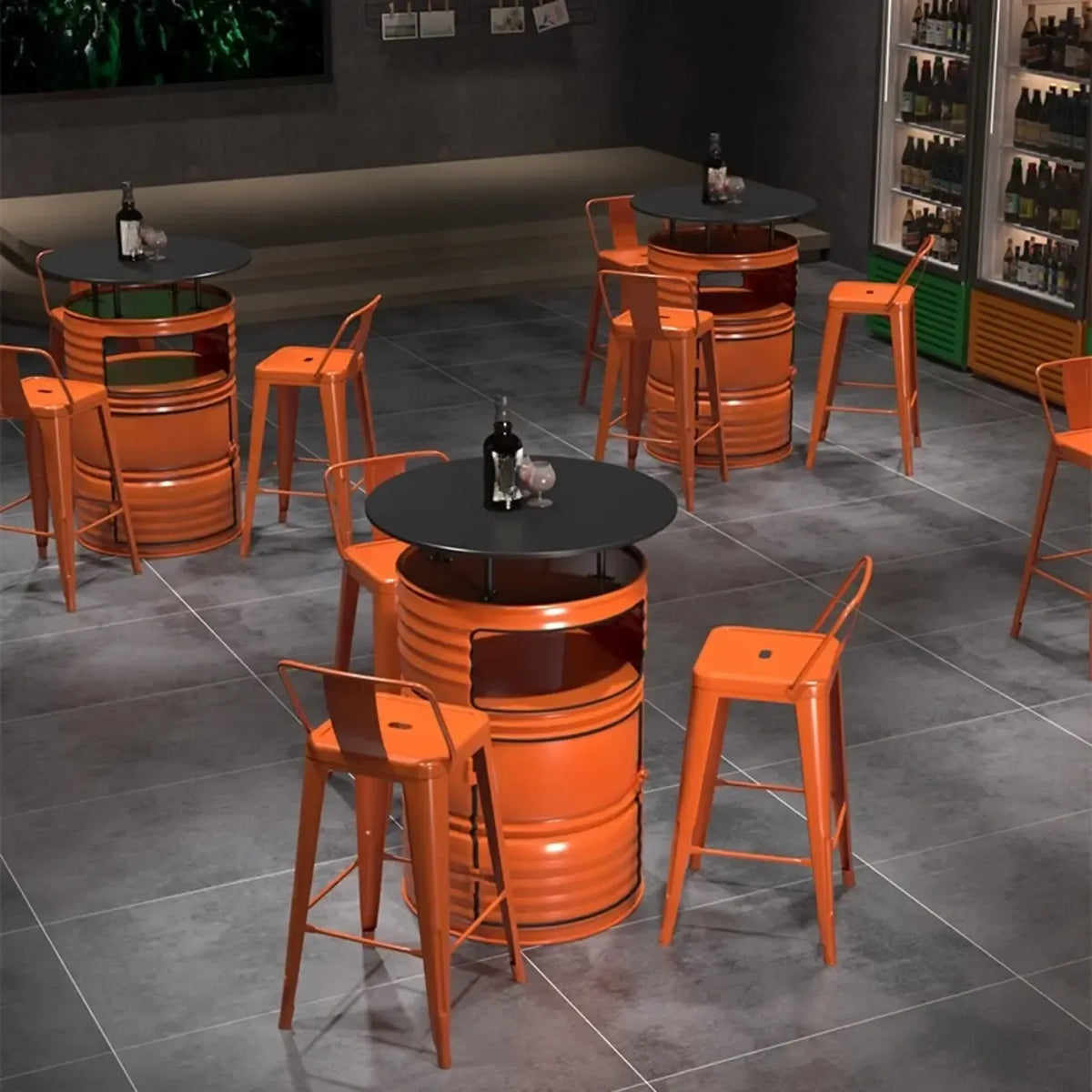 Industrielle schwarze und orangefarbene Metalltrommel-Beistelltische