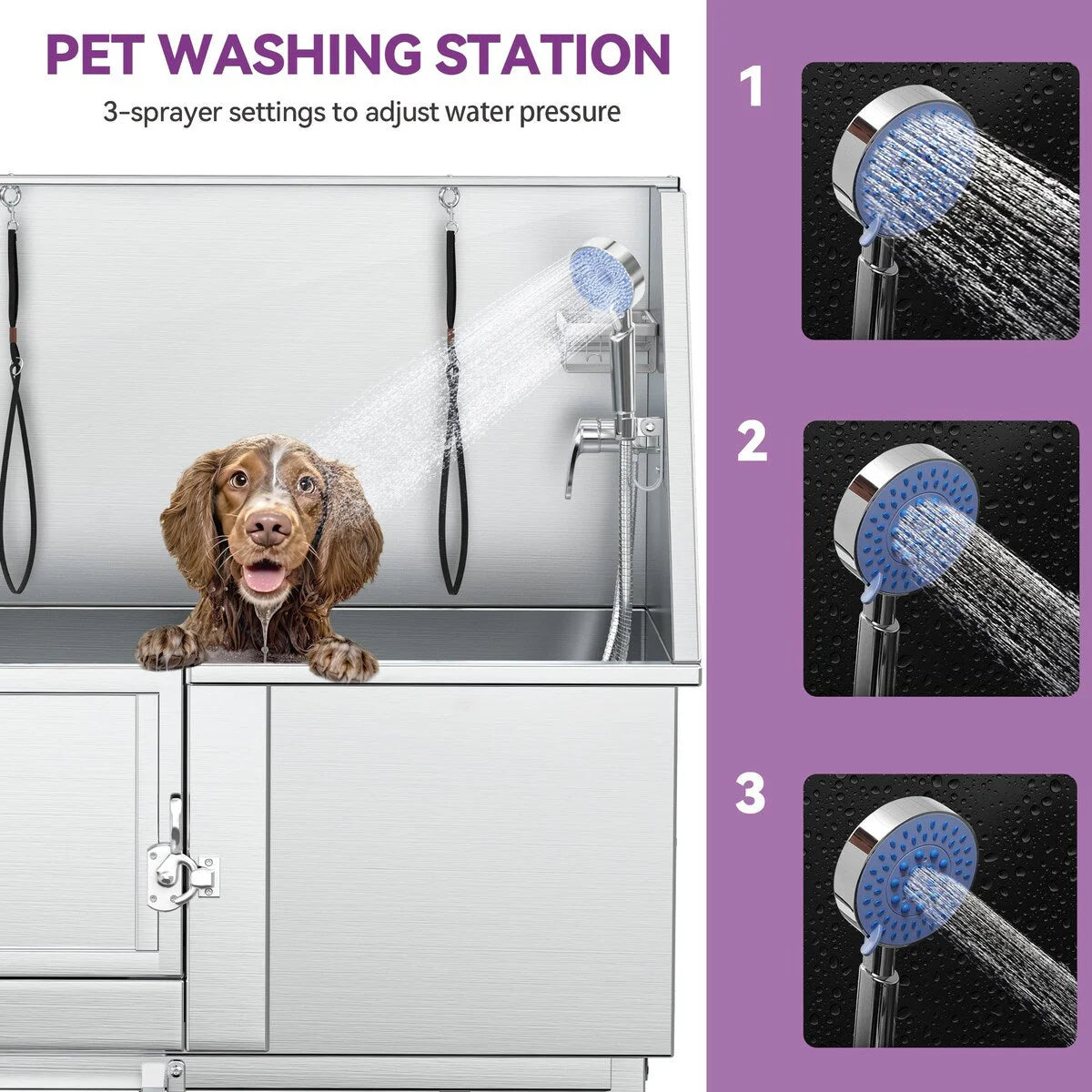 Baignoire de toilettage réglable pour animaux en acier inoxydable de 50' W avec rampe à marches
