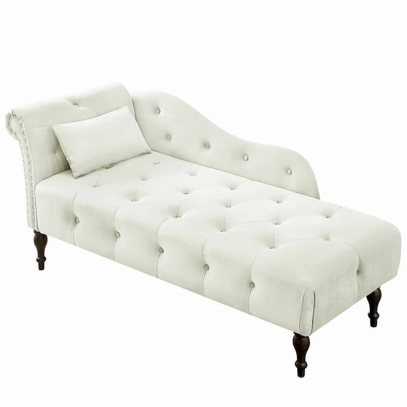 Chaise longue moderne de 60,6 po, capitonnée en velours avec boutons, pieds en bois massif et clous décoratifs