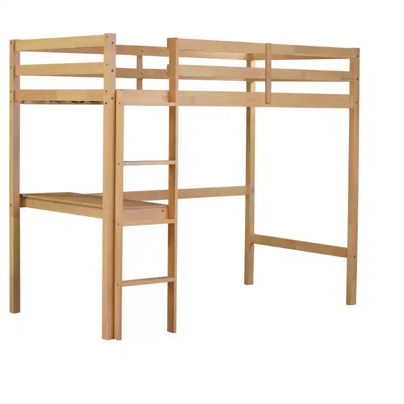 Okak Hochbett im minimalistischen Loft-Stil mit Leiter, Hochbett aus Gummibaumholz für eine Person mit Sicherheitsgeländer und integriertem Schreibtisch, Bettgestell für Kinder und Jugendliche