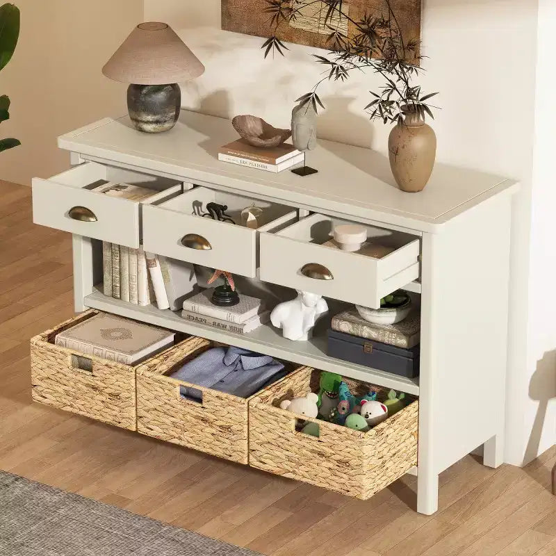 Console d’entrée avec rangement, table de couloir de style champêtre avec 3 tiroirs et 3 paniers en jacinthe d’eau pour le salon ou le vestibule – Panipeachy