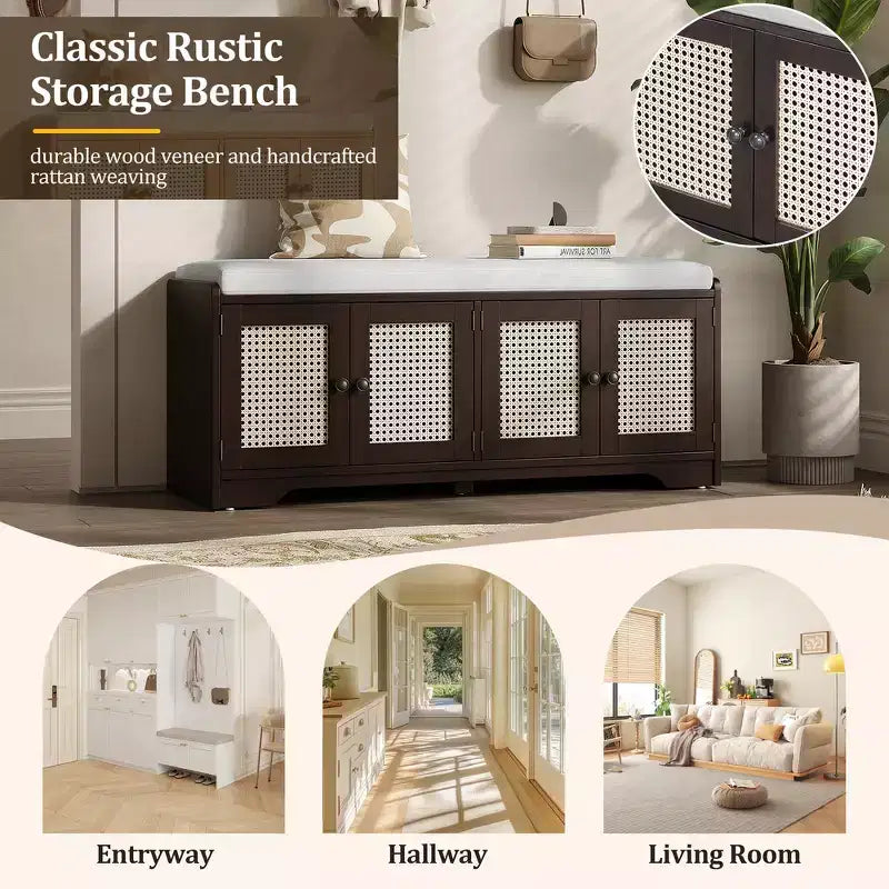Banc de rangement rustique en bois Whisen, banc à chaussures pour entrée avec coussin amovible et étagères réglables