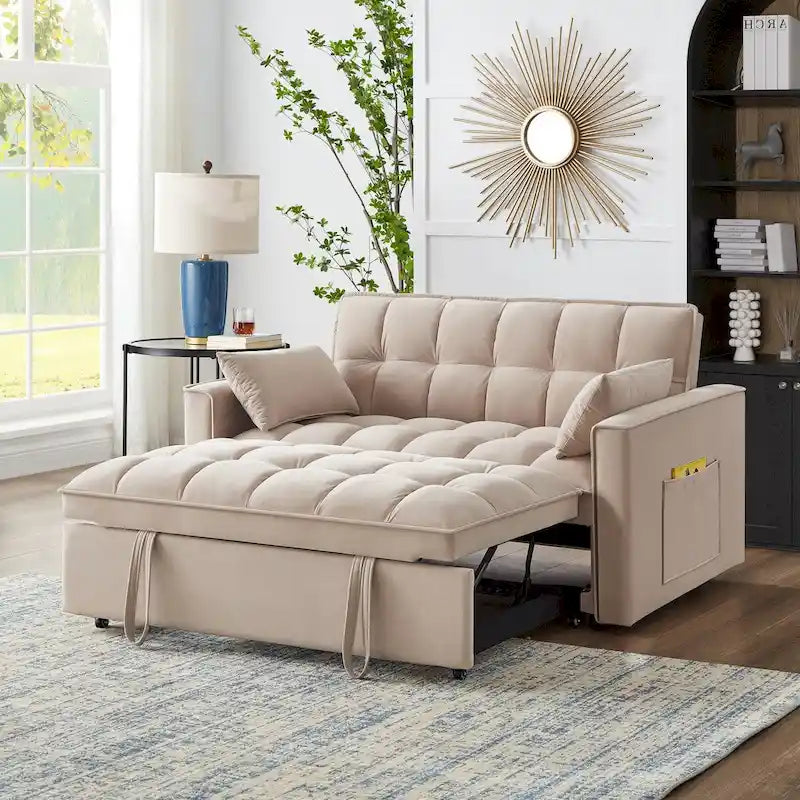 Loveseat-Schlafsofa 4-in-1 mit Armlehnen und Aufbewahrungstaschen, multifunktionales getuftetes Ausziehsofa mit verstellbarer Rückenlehne