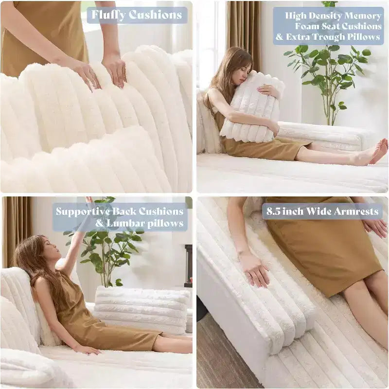 AMERLIFE 93-Zoll-Doppel-Chaiselongue-Sofa für zwei Personen, tiefes Cloud-Sofa mit Lendenkissen und breiten Armlehnen, einfache Montage, Kunstfell