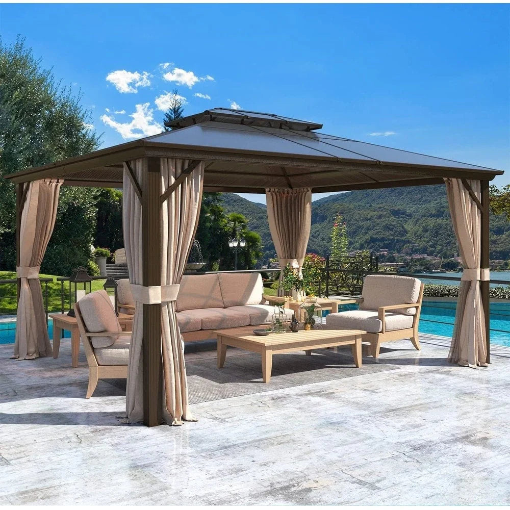 EROMMY Pavillon mit festem Dach, Outdoor-Pergola mit Doppeldach, Netzvorhängen und Vorhängen, robustes Vordach für Terrasse, Garten und Poolpartys