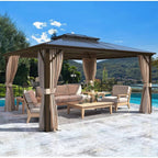 EROMMY Pavillon mit festem Dach, Outdoor-Pergola mit Doppeldach, Netzvorhängen und Vorhängen, robustes Vordach für Terrasse, Garten und Poolpartys
