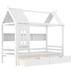 Lit plateforme en forme de maison avec tiroirs de rangement et fenêtre, cadre en bois massif avec étagères, design ludique pour enfant, blanc clair