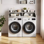 Wood Washer and Dryer Topper, 54 Laundry Countertop with 2-Tier Storage Shelf, Anti-Slip Work Surface with Guardrails for Laundry Organization