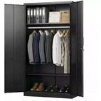 72in Wardrobe Cabinet with Lock, Black Metal Garage Storage Cabinets with Adjustable Shelves & Hanging Rod, Metal Cabinet Storage for Home, Bedroom