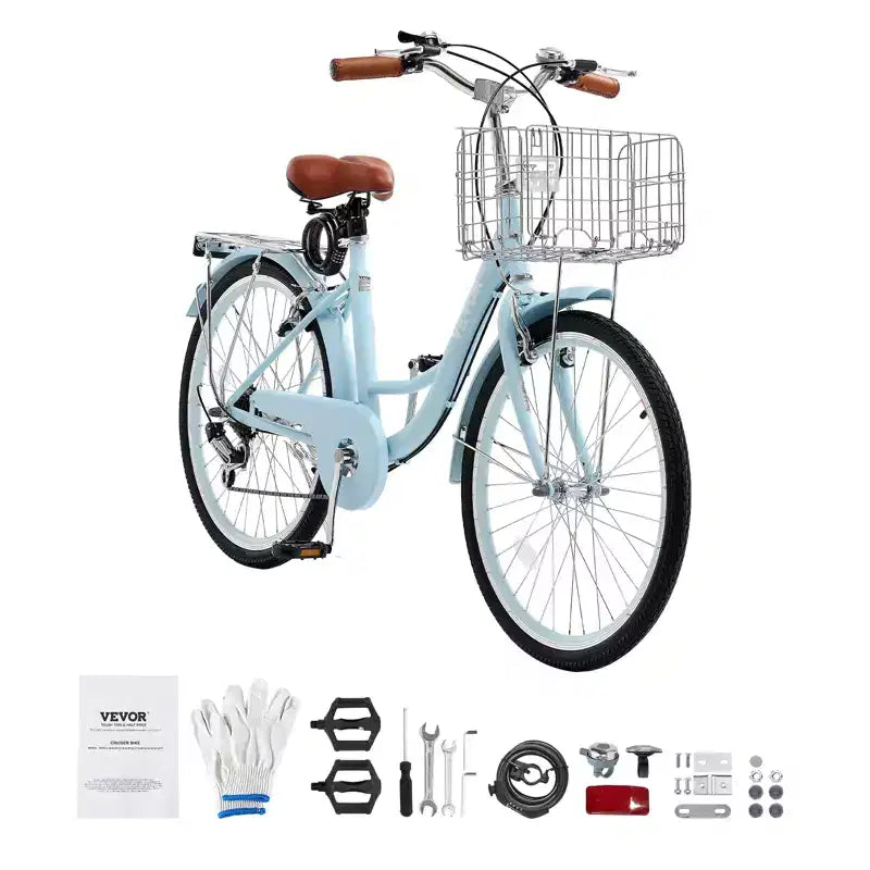 VEVOR cruiserfiets, 7 versnellingen, 26 inch lichtblauwe beachcruiser met grote mand en bagagedrager, veilige en stevige cruiserfiets, lichtblauw