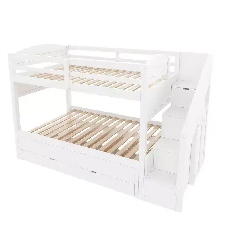 Cadre de lit superposé Whisen Twin XL avec lit gigogne, rangement, escalier de rangement en bois massif, armoire et 3 tiroirs, pour enfants