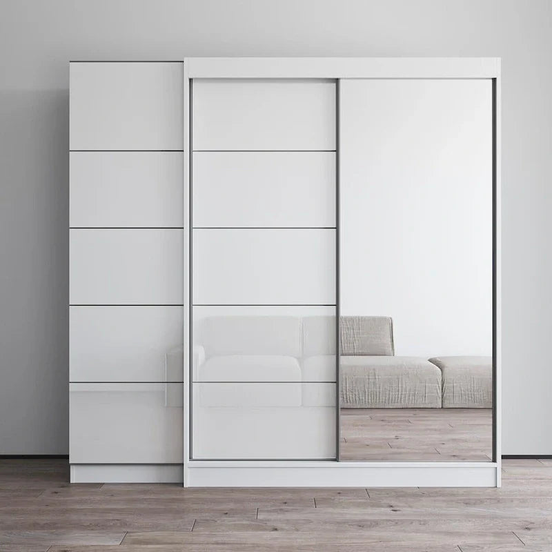 Armoire à 2 portes avec miroir, façade en verre, pour 2 personnes (gris / noir / blanc)