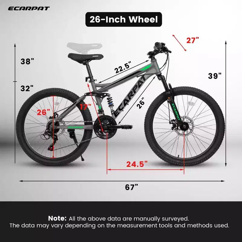 Okak 26-Zoll-Mountainbike mit Scheibenbremsen, 21-Gang-Fahrrad für Erwachsene mit robustem Rahmen und doppelter hinterer Federung, Fahrrad für das Fahren auf städtischen Straßen