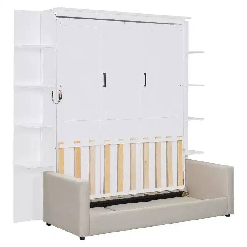 Lit escamotable mural queen size avec canapé, lit armoire pliant queen size avec bibliothèque et étagères pour chambre d’amis ou bureau