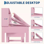 Kids Desk and Chair Set, Wooden Study Table with Adjustable Tilt Desktop, Drawers & Cork Board - Children School Learning Desk Set