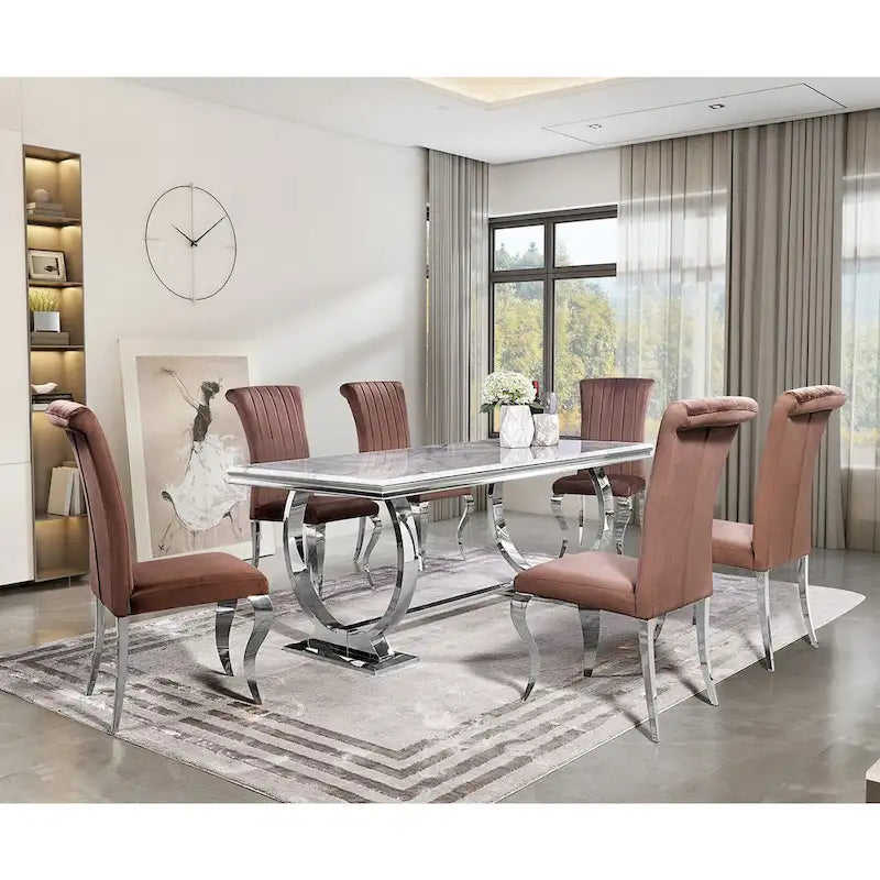Table de salle à manger moderne avec piètement en U en métal inoxydable