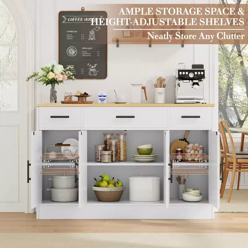 Buffet de rangement Celebalcony, grand meuble de cuisine de 53,4 pouces avec 3 tiroirs et 4 portes, étagère réglable pour la cuisine et le salon