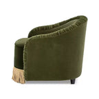 Jennifer Taylor Home Serena 31.5 Ruched Barrel Back Accent Arm Chair with Bullion Fringe, Olive Green Performance Velvet