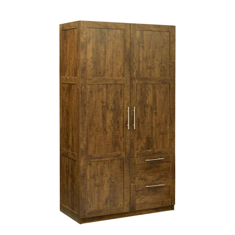 Armoire-penderie en bois blanc avec portes, tiroirs et tringle