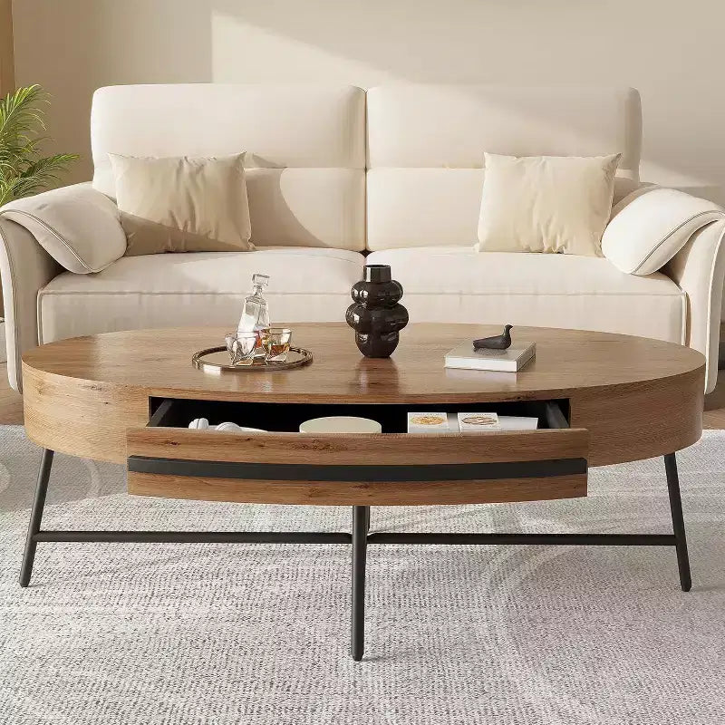 Acekool ovale salontafel met lade, houten opbergtafel van 47,2 met metalen kruispoten, moderne tafel in mid-century-stijl in naturel en goudkleurig wilgenhout
