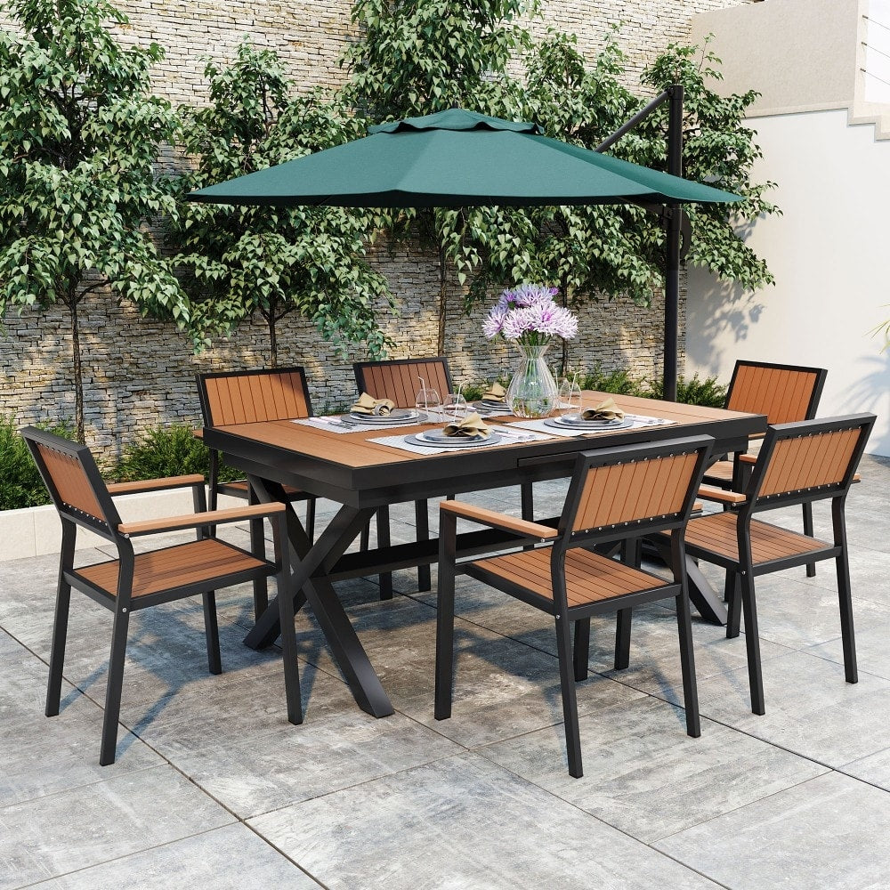 Modernes 7-teiliges Esszimmer-Set für den Außenbereich mit sechs Stühlen und ausziehbarem Tisch für die Terrasse
