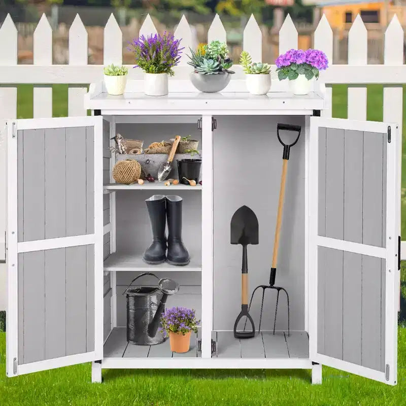 Armoire de rangement extérieur, établi de rempotage – poste de travail de jardin en bois imperméable avec plateau galvanisé, étagères réglables pour cour, terrasse ou pelouse