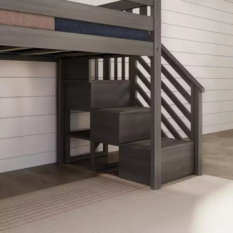 Niedriges Twin-Hochbett für Kinder mit Rutsche und Treppe, Massivholz, 14 Absturzsicherungen, Tragfähigkeit 400 lb