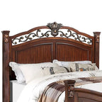 Wooden Bed with Crafted Headboard in Dark Cherry