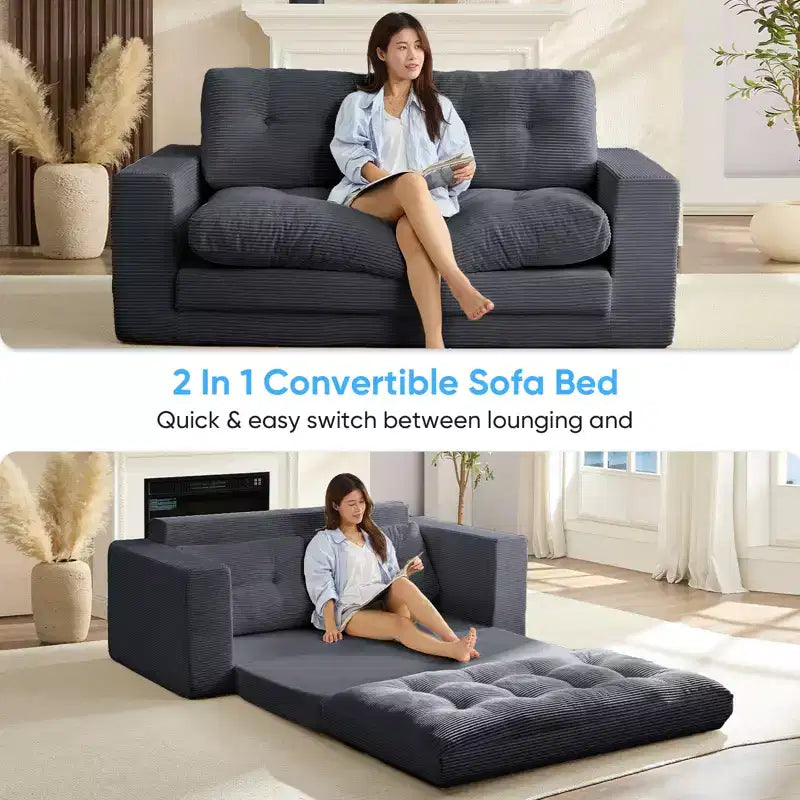 Mjkone 71' 2-in-1 slaapbank, opvouwbare loveseat met geribde stof en knopen, ruimtebesparend