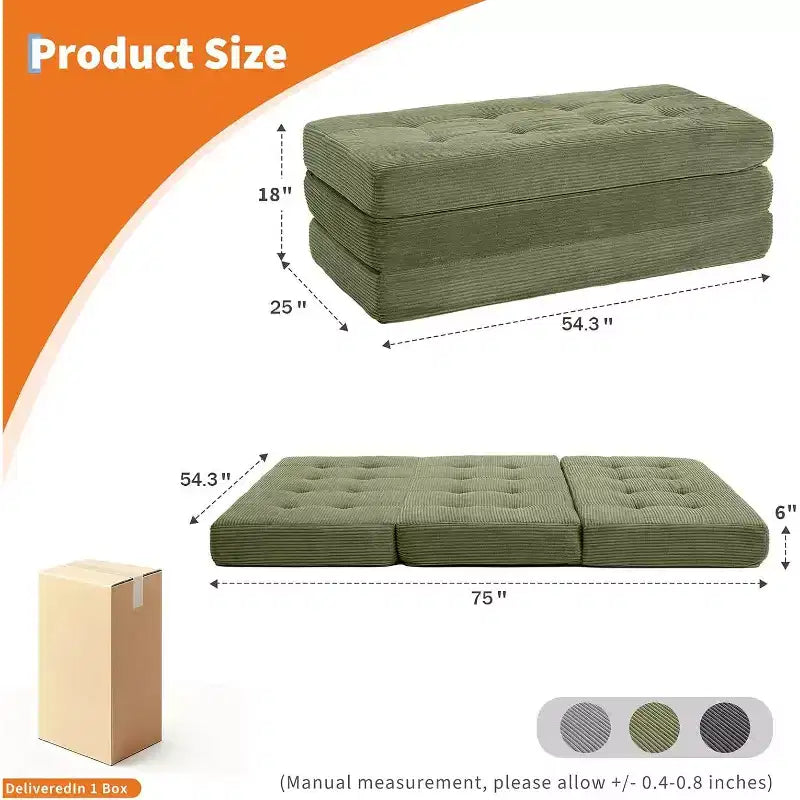 SunnyFurn 6 inch drievoudig vouwmatras en slaapbank, 75 x 54,3 inch, opvouwbaar logeerbed van schuim met gecapitonneerd corduroy, draagbaar voor kamperen, woonkamer en slaapkamer